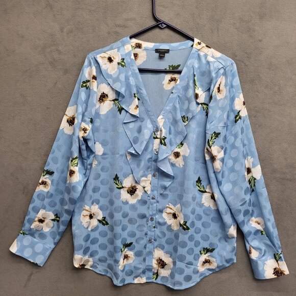Ann Taylor Factory Womens Blue Floral Button Down Long Sleeve Blouse Size Large - Picture 1 of 5